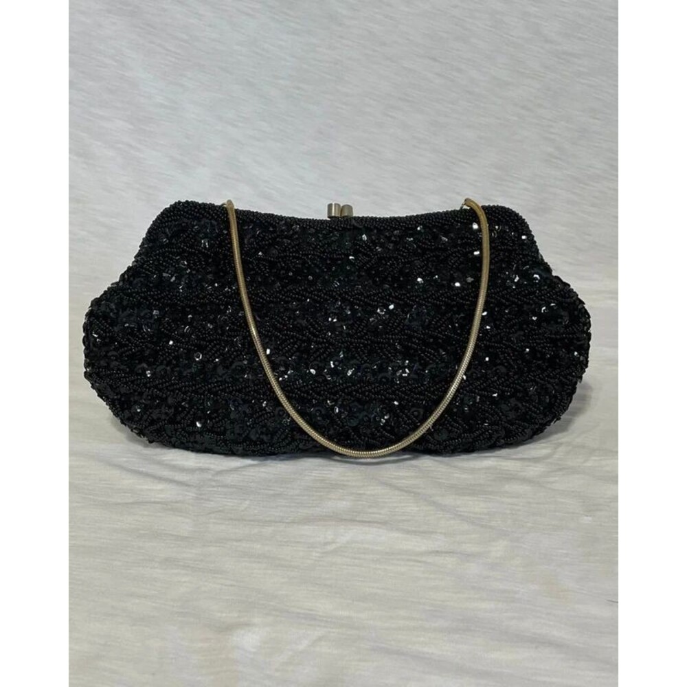 Vintage Hand Beaded Black Evening Bag Hong Kong Gold Chain Kiss Lock Clutch